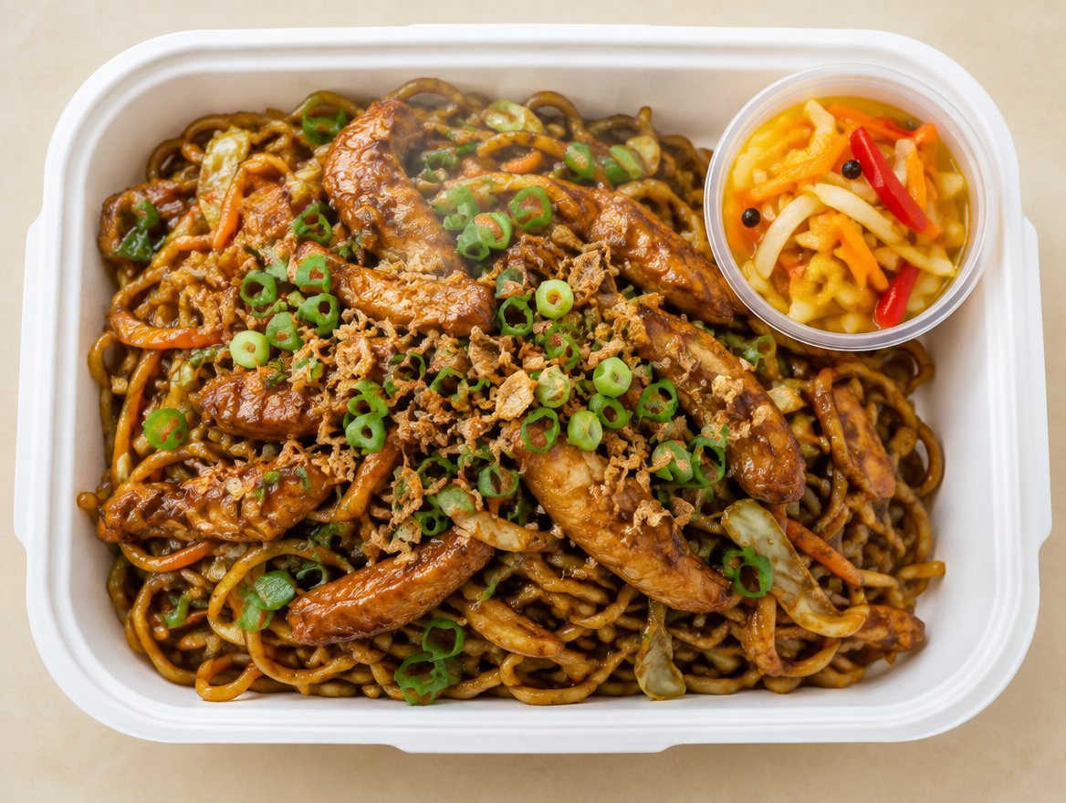 Bak met bami, kip in ketjap en een bakje zuurgoed