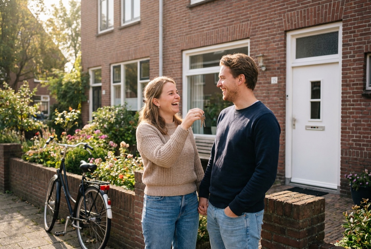 Een stel met de sleutels voor de deur van hun eerste huis