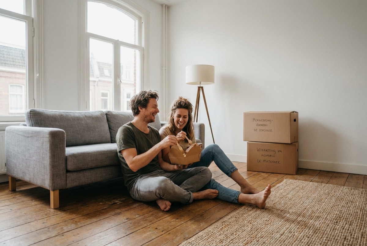 Een stel eet samen op de vloer van hun nieuwe woonkamer, tussen de verhuisdozen