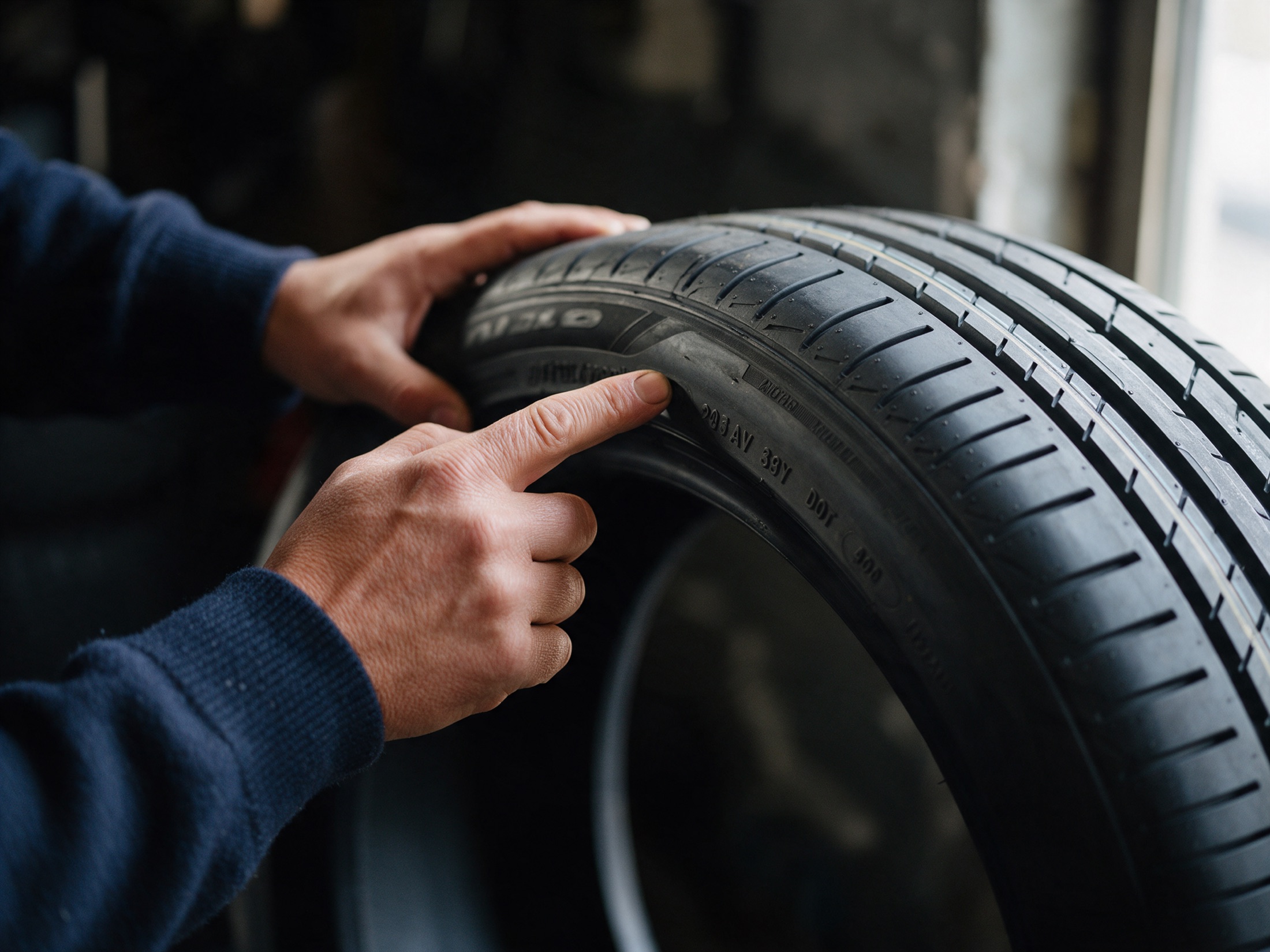 Hands checking the size markings on the sidewall of a new tyre